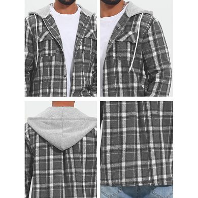 Men's Plaid Shirts Drawstring Hooded Chest Pocket Long Sleeve Shirt Jacket