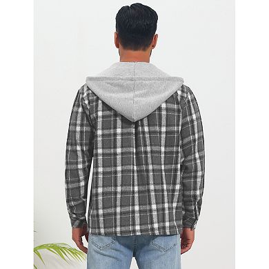 Men's Plaid Shirts Drawstring Hooded Chest Pocket Long Sleeve Shirt Jacket