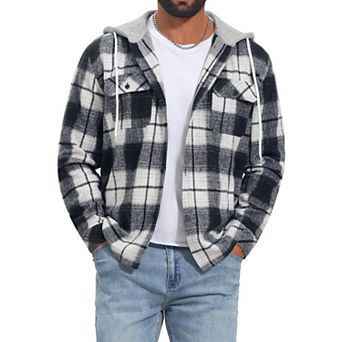Men's Plaid Shirts Drawstring Hooded Chest Pocket Long Sleeve Shirt Jacket