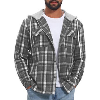 Men's Plaid Shirts Drawstring Hooded Chest Pocket Long Sleeve Shirt Jacket