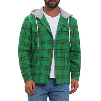 Men's Plaid Shirts Drawstring Hooded Chest Pocket Long Sleeve Shirt Jacket