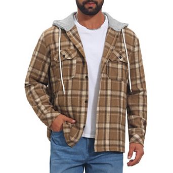 Men's Plaid Shirts Drawstring Hooded Chest Pocket Long Sleeve Shirt Jacket