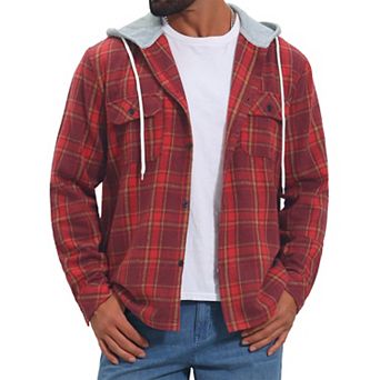 Men's Plaid Shirts Drawstring Hooded Chest Pocket Long Sleeve Shirt Jacket