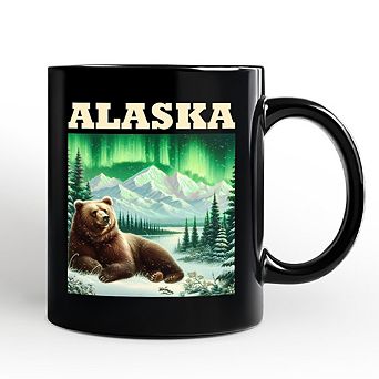 Majestic Alaska State Wilderness Vintage Mug, Northern Lights Grizzly Bear Gift and Nature Souvenir