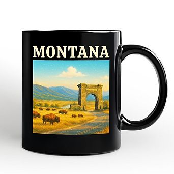 Rustic Montana State Wildlife and Landmark Mug, Yellowstone Entrance and Western Prairie