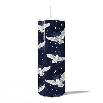 Snowy Owl Under Moon and Stars 20oz Tumbler With Lid and Stainless Steel Straw