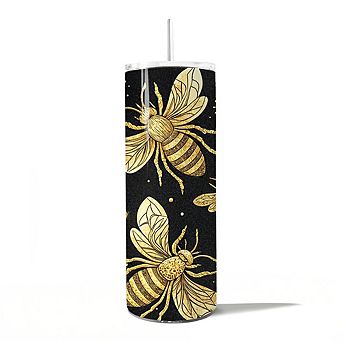 Black and Gold Bee Pattern 20oz Tumbler With Lid and Stainless Steel Straw