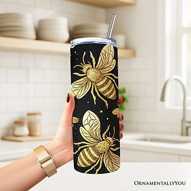 Black and Gold Bee Pattern 20oz Tumbler With Lid and Stainless Steel Straw