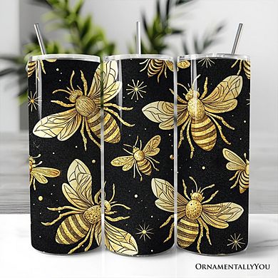 Black and Gold Bee Pattern 20oz Tumbler With Lid and Stainless Steel Straw