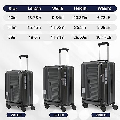 Grey 3-Piece Hard Shell Luggage Set with Front Opening TSA Approved Lock 20/24/28in
