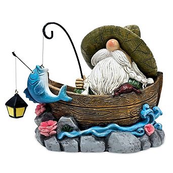 Fishing Gnome with Lantern Garden Statue, 6" Lighted Dwarf Figurine Outdoor Decor