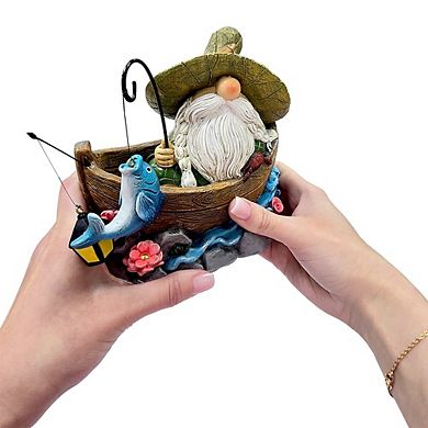 Fishing Gnome with Lantern Garden Statue, 6" Lighted Dwarf Figurine Outdoor Decor