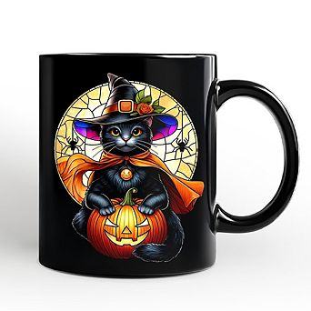 Enchanted Cat Witch Stained Glass Style Mug, Halloween Themed Gift