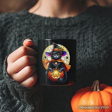 Enchanted Cat Witch Stained Glass Style Mug, Halloween Themed Gift
