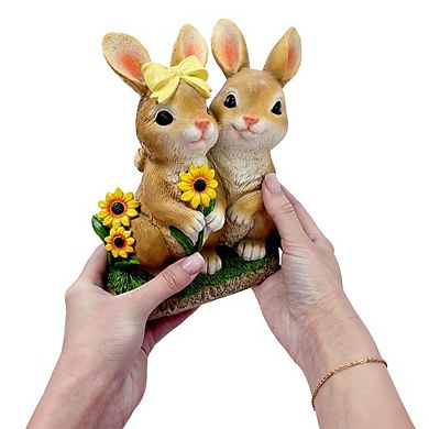 Bunny Embrace Garden Statue, 8" Hugging Rabbit Couple Figurine Outdoor Decor