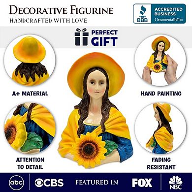 Mona Lisa Sunflower Guardian Art Sculpture Figurine, 7" Garden Statue Leonardo Da Vinci