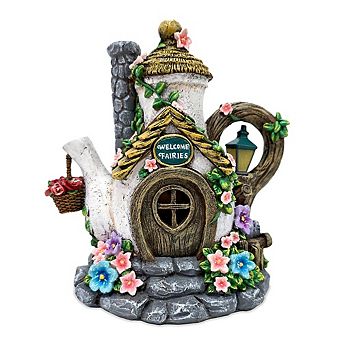 Solar Fairy Tea Pot House Garden Statue, 8 Lighted Mushroom Cottage Figurine Outdoor Decor