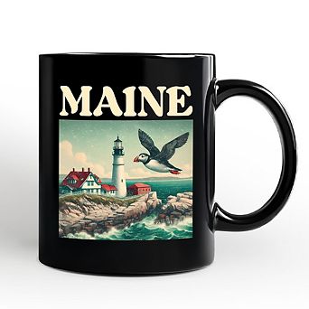 Vintage Maine State Lighthouse and Puffin Mug, New England Coastal Gift and Seaside Souvenir