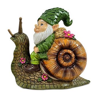 The Snailbound Gnome Cute Verdant Garden Statue, 10" Outdoor Yard or Forest Snail Decoration