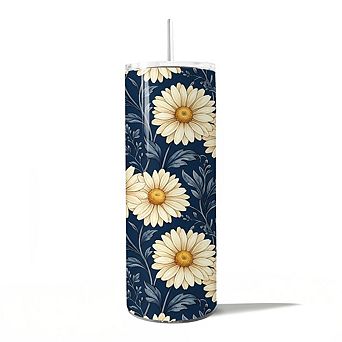 Vintage Daisy Floral Pattern 20oz Tumbler With Lid and Stainless Steel Straw, Navy Blue