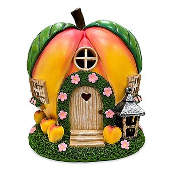 Solar Powered Peach Themed Garden Home Statue, 7" Lighted Cottage Figurine Outdoor Decor