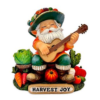 Veggie Farmer Gnome Figurine, 9" Ukulele Playing Vegetable Dwarf Garden Statue