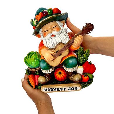 Veggie Farmer Gnome Figurine, 9" Ukulele Playing Vegetable Dwarf Garden Statue