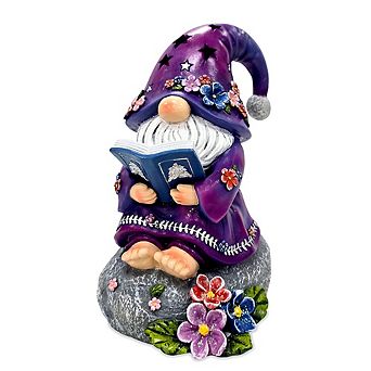 Enchanted Wisdom Solar Book Reader Gnome Figurine, 8" Lighted Lavender Purple Garden Statue