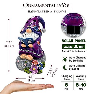 Enchanted Wisdom Solar Book Reader Gnome Figurine, 8" Lighted Lavender Purple Garden Statue