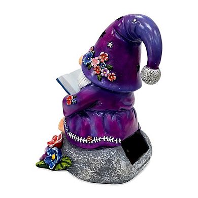 Enchanted Wisdom Solar Book Reader Gnome Figurine, 8" Lighted Lavender Purple Garden Statue
