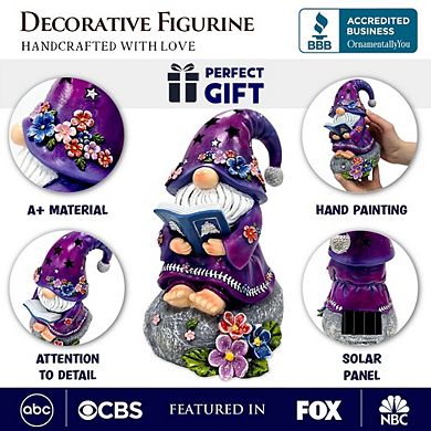 Enchanted Wisdom Solar Book Reader Gnome Figurine, 8" Lighted Lavender Purple Garden Statue