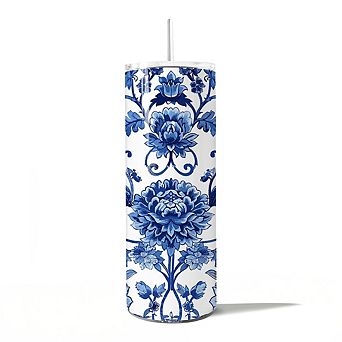 Blue and White Floral Pattern 20oz Tumbler With Lid and Stainless Steel Straw, Vintage Chinoiserie