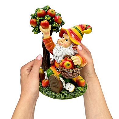 Johnny Apple Gnome Cute Garden Statue, 9" Orchid Picker Whimsical Dwarf Figurine