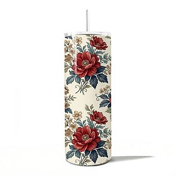 Vintage Red Poppy 20oz Tumbler With Lid and Stainless Steel Straw, Romantic Floral Pattern Gift Cup