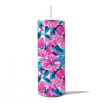Pink and Blue Hibiscus Flowers 20oz Tumbler With Lid and Stainless Steel Straw