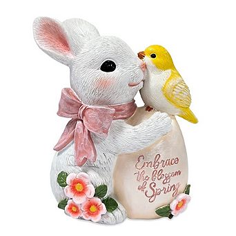 Bunny and Yellow Bird Easter Garden Statue, 7" Spring Rabbit Figurine Outdoor Decor