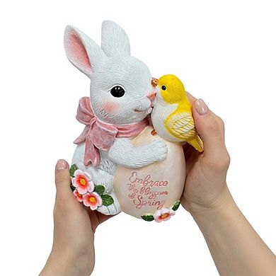 Bunny and Yellow Bird Easter Garden Statue, 7" Spring Rabbit Figurine Outdoor Decor