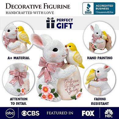Bunny and Yellow Bird Easter Garden Statue, 7" Spring Rabbit Figurine Outdoor Decor