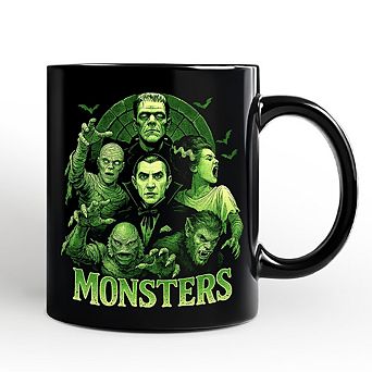Green Retro Monsters Mug, Vintage Classic Horror Halloween Gift