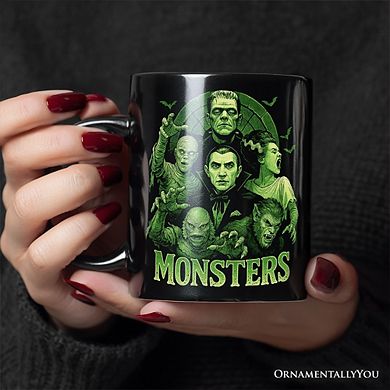 Green Retro Monsters Mug, Vintage Classic Horror Halloween Gift