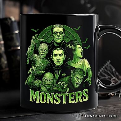 Green Retro Monsters Mug, Vintage Classic Horror Halloween Gift