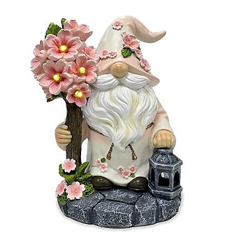 Cherry Blossom Gnome Solar Garden Statue, 8" Figurine and Floral Outdoor Decor