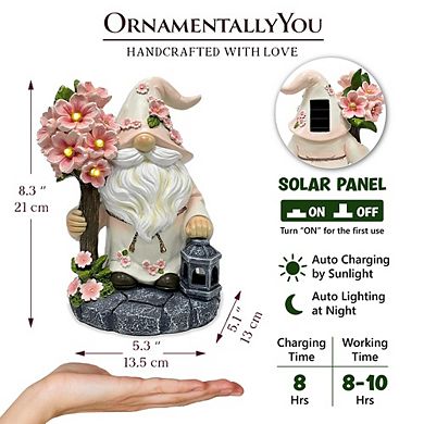 Cherry Blossom Gnome Solar Garden Statue, 8" Figurine and Floral Outdoor Decor