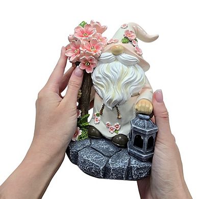 Cherry Blossom Gnome Solar Garden Statue, 8" Figurine and Floral Outdoor Decor