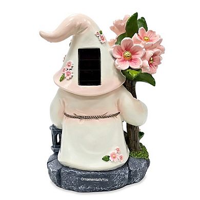 Cherry Blossom Gnome Solar Garden Statue, 8" Figurine and Floral Outdoor Decor