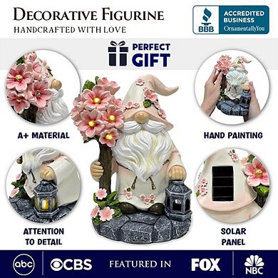 Cherry Blossom Gnome Solar Garden Statue, 8" Figurine and Floral Outdoor Decor