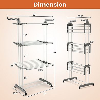 4-tier Clothes Drying Rack with Rotatable Side Wings and Collapsible Shelves-Gray