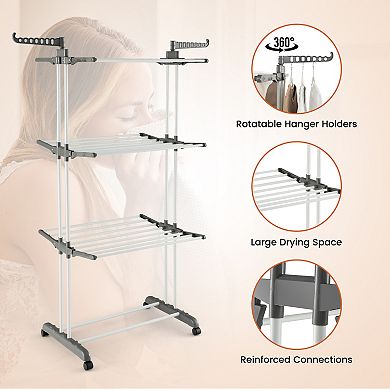 4-tier Clothes Drying Rack with Rotatable Side Wings and Collapsible Shelves-Gray