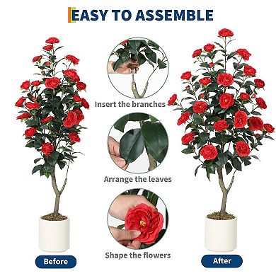 Artificial Camellia Tree,Realistic Silk Flowers & Foliage, Lifelike Fake Tree for Home Decor