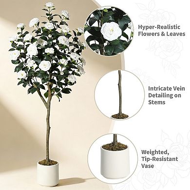 Artificial Camellia Tree,Realistic Silk Flowers & Foliage, Lifelike Fake Tree for Home Decor